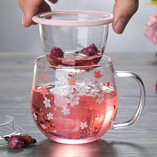 FutureHight Sakura - de cristal con infusor de té, filtro y tapa, juego de tazas de flores, 300 ml, vasos para beber