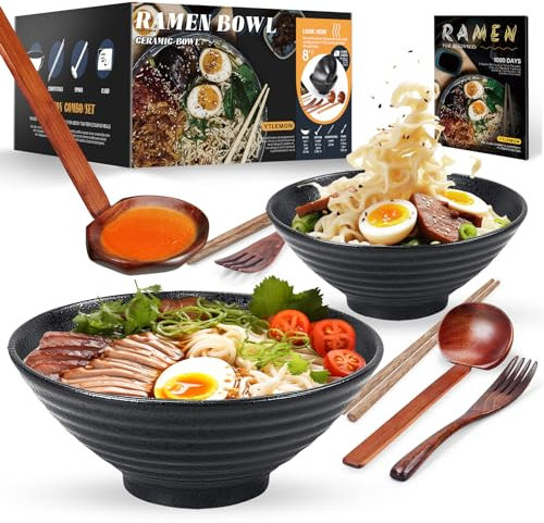 Set Ciotola Ramen In Ceramica 2×1000ml 34oz, Ciotola Di Pasta Giapponesi Con Bacchette Forchetta E Cucchiaio 2 Set Da 6 Pezzi Per Spaghetti Zuppa Di Insalata Snack Bowl Regali Per Uomini Donne Di Casa