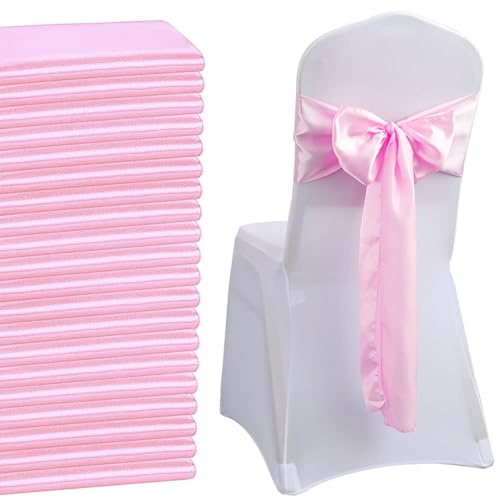 QeeFop 50 Stück Rosa Satin Schärpe Hochzeit Stuhl Bogen, Elastische Stuhlschärpen Stuhl Schärpen für Hochzeitsdekoration Geburtstag Bankett Party Stuhl Dekoration (Rosa)