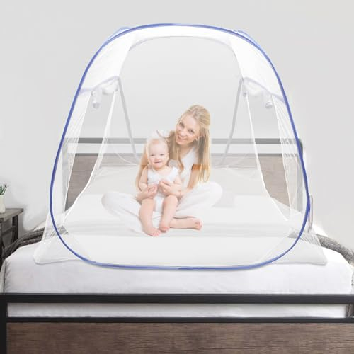 CuCummoo Betthimmel,Blauer Betthimmel, Polyester Moskitonetz Einfache Installation, Wirksam gegen Mückenstiche für 5.91ft breite Queen-Size-Betten 200 * 180 * 145cm