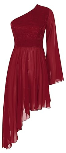 CHICTRY Damklänning, lyrisk, en uppstoppad ärm, balettklänning, blomspets, lappteknik, modern, dansklänning, med asymmetrisk fåll, kjol, danskostym, Burgund, S