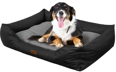 DOGGY Hundebett - Hundekissen in Leinenoptik - Hundekorb - EInfach zu reinigen - erhöhte Ränder, XL, für große Hunde, 114x84 cm, Graphit