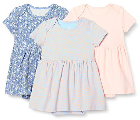 Amazon Essentials Baby Girls' Short Sleeve Bodysuit Dress, Everyday Dresses, Pack of 3, Pale Pink/Blue Posey Floral, 18 Months