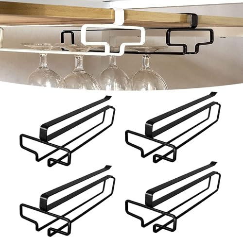 SAMSYOKI 4 Pezzi Porta Bicchieri da Vino Sospeso Supporto per Calici di Vino Sottopensile Rack per Calici Senza Foratura Scolabicchieri Vino in Metallo per Bar Ristorante Cucina (Nero)