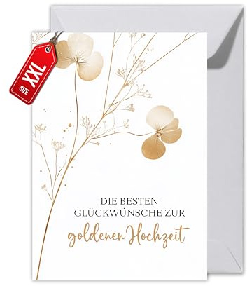 WBdesignz Goldene Hochzeit karte mit Umschlag - Geschenkkarte zum Jahrestag mit Glückwünschen Gold Lunaria Silberblatt Glückwunschkarte zum Hochzeitstag Liebe Ehe Ehepaar Jubiläum (XXL DIN A4)