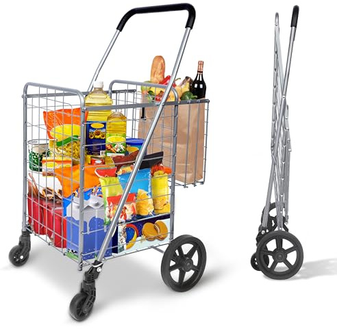 Whitmor Utility Folding Shopping Cart, 115L Heavy Duty Grocery Cart with Double Basket, 360° Swivel Wheels, Foldable Rolling Utility Trolley, 110 Lbs Capacity for Grocery, Laundry, Travel, Sliver