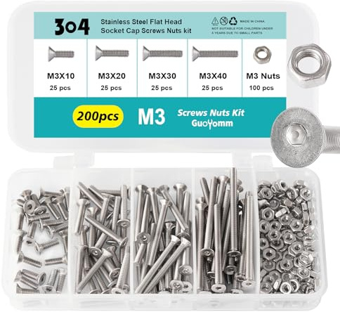 GuoYomm 200 pezzi viti a testa svasata M3 in acciaio inossidabile con dadi 304 vite a testa ribassata, vite svasata inossidabile color argento con esagono interno filettatura metrica standard
