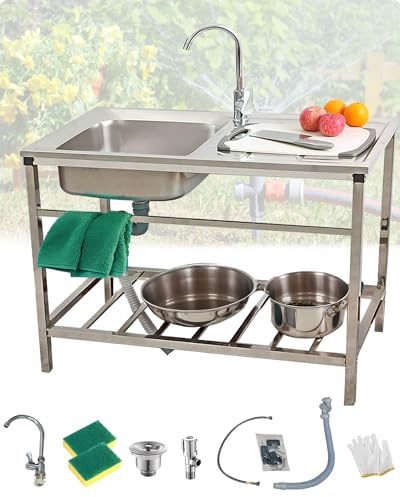 Mobile Évier Cuisine 1 Bac Évier De Jardin En Acier Inoxydable Avec Robinet Et Brosse Éponge Évier En Autoportants Avec Établi Et Étagères De Rangement Évier Utilitaire Pour Buanderie/garage