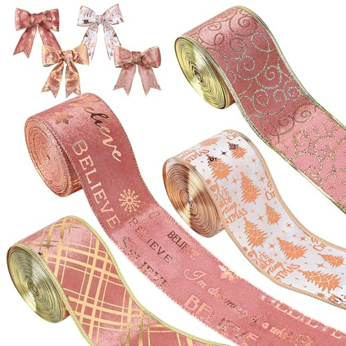 Shyllin 4 Rollen Weihnachtsbaum Band Draht, Geschenkband Weihnachten, Weihnachtsband mit Draht mit Heißprägemuster, Geeignet für Geschenkverpackungen, Christbaumschmuck, handgefertigte Schleifen