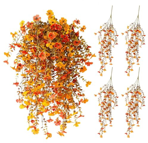 COONE Set om 4 konstgjorda hängväxter höstdekoration – 75 cm lång med blad och blommor, konstgjorda blommor som äkta för vardagsrumsdekoration och balkong