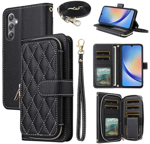 ELISORLI Argyle Wallet Case for Samsung Galaxy A56 5G Women Men Black | Wrist Strap Shoulder Strap, Luxury PU Leather Zipper Purse, Flip Credit Card Holder, Stand, Phone Cover for A 56 56A LTE