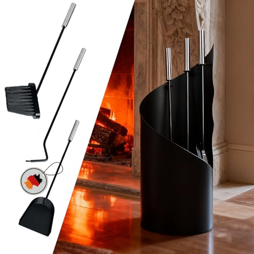 Serviteur de cheminée noir moderne 3 pièces avec support rond | Serviteur de cheminée en métal de qualité supérieure pour cheminée et poêle | Élégant, robuste et durable