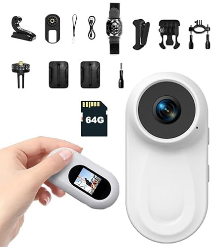 Mini Camera Sport Moto avec SD 64G - Caméra Portable 1080P avec Objectif Grand Angle 120° et Clip 360° - Camera Sport Moto Pouce pour Vélo, Moto et Randonnée avec Enregistrement Audio/Video (Blanc)