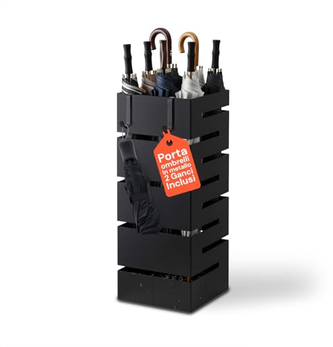 Avilia Portaombrelli da Interno Metallo Nero – Porta Ombrelli con Vaschetta Raccogligocce e 2 Ganci, Portaombrelli da Esterno 10 Ombrelli, Design Moderno per Ingresso Casa e Ufficio