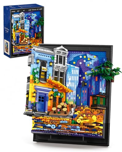 Set de Construction Café Terrace at Night pour Adultes, Tableau Mural 3D Encadré, Kit de Construction Artistique pour Décoration Maison et Bureau, Compatible avec Lego Art, 2678 Pièces