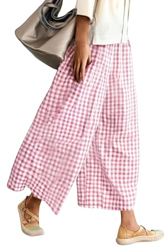 Générique Pantalon Capri Femme à Jambes Larges, Taille Élastique avec Poche, Motif Vichy Gingham, Idéal pour l'Été, Tissu Léger et Respirant