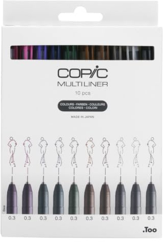 COPIC Multiliner Set Colors, 10 Fineliner in verschiedenen Farben, Strichstärke 0,3 mm, Zeichen Stifte mit einer feinen Spitze und wasserbeständiger Pigmenttinte