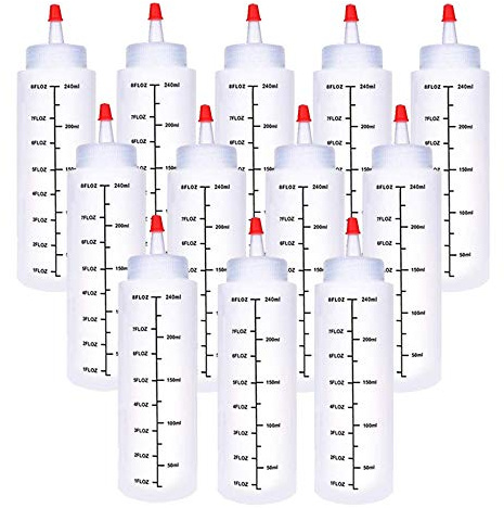 Baaxxango 12 Pack 8 oz/240 ml Plastic Squeeze Bottles, Scale Squirt Bottle with Red Tip Cap and Black Scale for Ketchup, Sauces, Syrup, Dressings, BBQ, Crafts and More