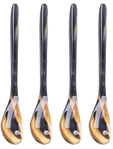 4 Stück Löffel aus Horn Eierlöffel Horn Ochsenhornlöffel Löffel Set Dessertlöffel Kaffeelöffel Rührlöffel Suppenlöffel für Kuchen Salz Tee Kaffee Honig