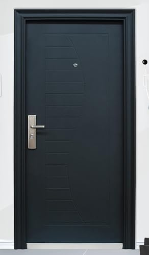 Porta Blindata 90x197 Con Maniglia In Acciaio Inox Spioncino Anta Giunzioni E Protezioni Portone Blindato Grigio Opaco P8 (Apertura esterna destra)