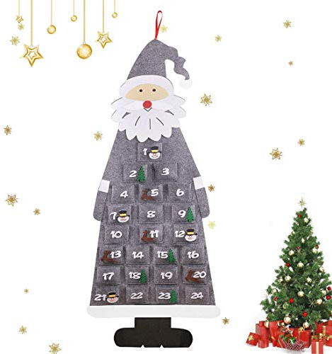 Calendrier de l'avent en Feutre de Noël Père Noël, Enfant Calendrier de l'Avent Tissu DIY, 24 Sac l'Avent à remplir Tissu de Feutre, Suspension Murale Décoration(Gris)