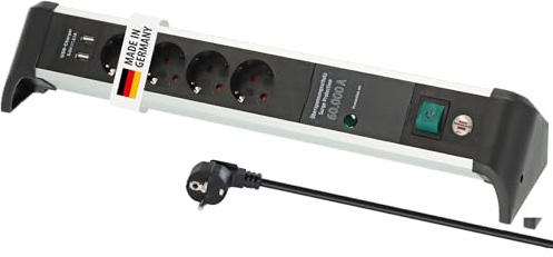 Brennenstuhl Alu-Office-Line grenuttag 4-vägs med USB och överspänningsskydd (1,8 m kabel, 2-faldig USB 3.1 A, med strömbrytare)