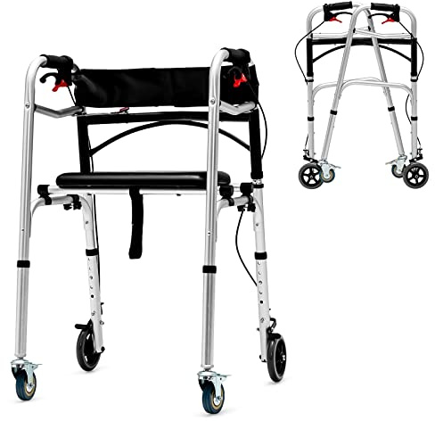 SAFSTAR 2-Button Folding Walker, Rollator Walker with Seat & Wheels, Height Adjustable Stand Up Walkers w/Brakes, Reversible Seat Cushion, Heavy Metal Frame Backrest, Upright Walkers for Seniors