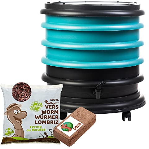 WORMbox | Wurmkomposter Wurmfarm Wurmkiste mit 3 Schalen Türkis + 250g Kompostwürmer / 500 STK + 1 Coco | 48 Liter | Regenwurmkomposter, Kompostwürmer produzieren Wurmhumus