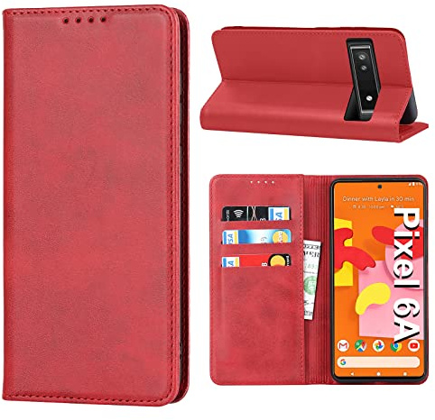 Vaki Handyhülle für Google Pixel 6A Hülle, Schutzhülle Pixel 6A 5G Leder Wallet Kartenfach Standfunktion Stoßfest Klapphülle Hüllen Pixel 6A 5G 6.1 Flip Case Cover (rot)