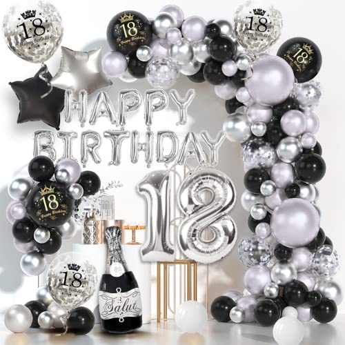 18 Geburtstag Deko Junge Mädchen, Deko 18. Geburtstag Junge Schwarz Silber, Geburtstagsdeko 18 mit Happy Birthday Ballons, Konfetti Luftballons 18 für 18 Partydeko Mann Frau