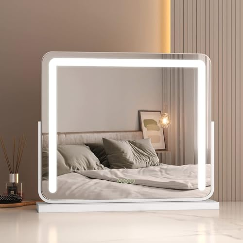 EMKE Hollywood Spiegel mit Beleuchtung 60x52cm, Weiß, 3 Lichtfarben | Schminkspiegel mit Beleuchtung, 2-in-1 Tischspiegel & Wandspiegel, Schminktisch Spiegel, Dimmbar, Memory-Funktion