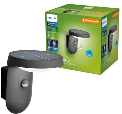 Philips Tyla Outdoor Wandleuchte (1,2 W), wetterfeste Außenleuchte mit Bewegungssensor und kaltweißem Licht, solarbetriebene LED Beleuchtung, anthrazit
