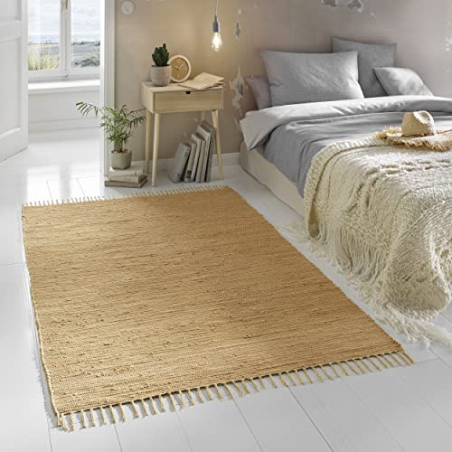 TacaHome Flicken-Teppich 100% Baumwolle I Waschbarer Fleckerl mit Fransen I Esszimmer Küche Badezimmer Wohnzimmer Kinderzimmer | 60 x 120 cm Beige