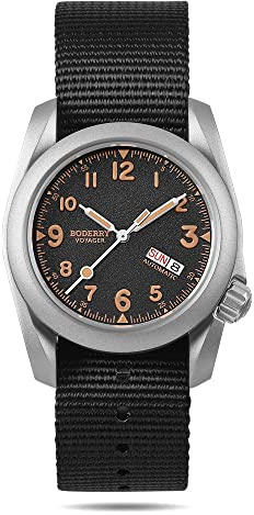 BODERRY Herren-Armbanduhr, Titan, automatische Felduhr, 40 mm, Militäruhr, Tag, japanisches mechanisches Uhrwerk und verschraubte Krone – Voyager, Orange/Abendrot im Zickzackmuster (Sunset Chevron)
