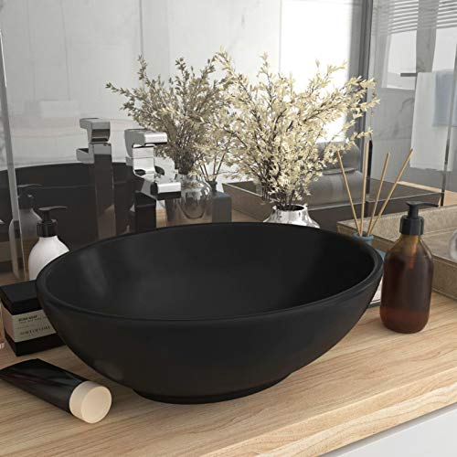 JUNZAI Lavabo de Lujo, Lavabo sobre Encimera, Lavabo Baño, Muebles De Baño, Mueble Lavabo, Ovalado cerámica Negro Mate 40x33 cm