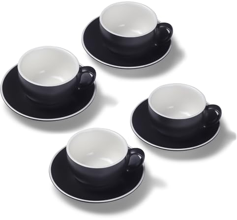Terra Home 4er Milchkaffee-Tassen Set - Schwarz, 350 ml, Matt, Porzellan, Dickwandig, Spülmaschinenfest, italienisches Design - Kaffee-Tassen Set mit Untertassen