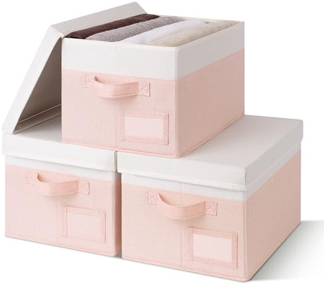 GRANNY SAYS Clothes Storage Boxes with Lids, Pack of 3 Pink Storage Boxes with Lid, Wardrobe Box Organiser, Fabric Baskets for Shelves, Foldable Box for Bedroom Organising Clothes Toys