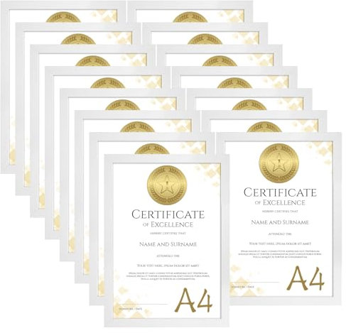 HORLIMER Cadre A4 Lot de 15, Cadre Photo A4 en MDF avec Grain de Bois de Couleur Blanc pour portrait de famille, souvenirs de voyage, œuvre d'art