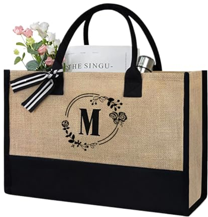 Fiorky Jute Shopper Bag Frauen, Jutetasche mit Initial, Jute Tote Bag personalisiert Tragetasche und Kosmetiktasche Geschenk for Brautjungfer Freund Mama zum Geburtstage, Muttertag, Hochzeit