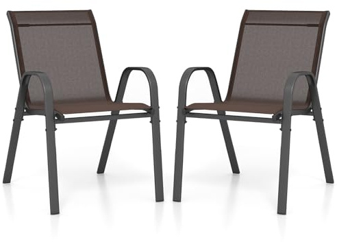 GOPLUS 2er Set Gartenstühle stapelbar, Bistrostuhl Balkonstuhl aus Textilene bis 150kg, Stapelstuhl mit Rückenlehne und Armlehn, Essstuhl Outdoor für Garten Terrassen Balkon Pool (Braun)