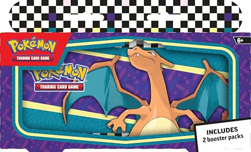 Pokémon TCG: Estuche para lápices de Regreso a Clases, Charizard (Lata y 2 Paquetes de Refuerzo)