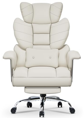 naspaluro Bürostuhl mit Fußstütze, Ergonomischer Schreibtischstuhl mit Zusätzlichem Lordosenstützkissen, Großer Chefbürostuhl aus PU-Leder mit Hoher Rückenlehne, Computerstuhl für Homeoffice, Weiß