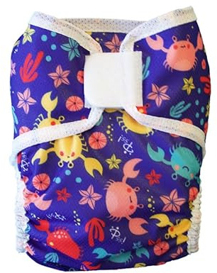 Pss! Pañal reutilizable de tela ajustable con botones, para bebés de 0 a 3 años - 4 compresas y 2 barreras de compresión - Impermeable y cómodo - 1 unidad - Modelo Glam - Cangrejos