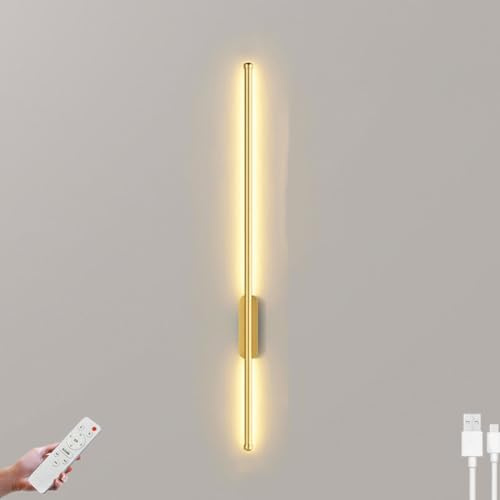 LOGT Akku Wandleuchte Innen Ohne Stromanschluss LED Lang Wandlampe mit Fernbedienung Nachttischlampe Type-C Ladeanschluss Kabellose Wandbeleuchtung Dimmbar Aluminium Leseleuchte 17W,Gold,60cm
