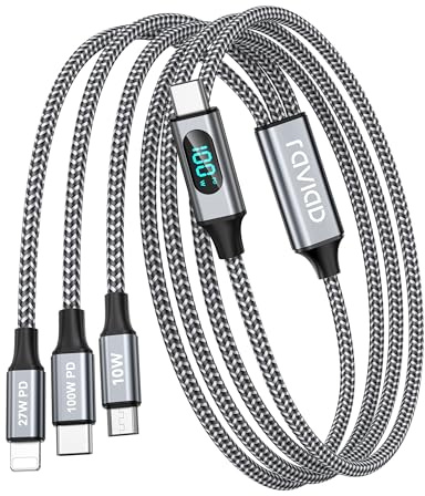 RAVIAD 100W Câble Chargeur Multi Embout USB C [2M] Schnellladekabel mit LED 3 in 1 Ladekabel [100W]+USB C vers Lightning[27W]+USBC vers Micro[10W] pour iPhone 16/15/14, Galaxy, Pad Pro/Mini, MacBook