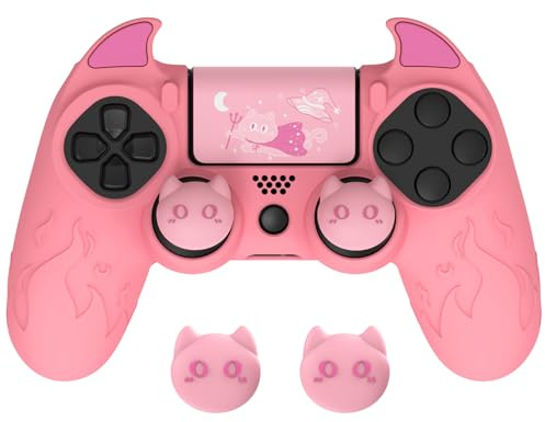 PlayVital Protection pour ps4 Manette avec Capuchon Joystick,Housse Silicone pour ps4 Slim Pro Controller Skin Cover avec Thumbsticks Caps-Rose,Édition Démon