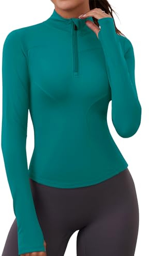 iWoo Sportskjorta dam, sport, topp, andas, löpartröja, sportjacka, lätt löparjacka, dam, halv dragkedja, sweatshirt, Activewear för vandring, gym, yoga, löpning, Blå grön, S