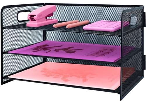 ideallife 3 Tier Mesh Desktop File Organizer with Handle, Paper Letter Tray Organiser, Desktop Storage with Sliding Trays for Home &Office Supplies
