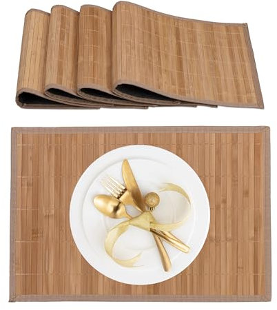 Relaxdays Mantelitos Individuales, Set 4, Bambú, Borde Tela, Antideslizante, 45x30 cm, Posaplatos, Rectangular, Natural