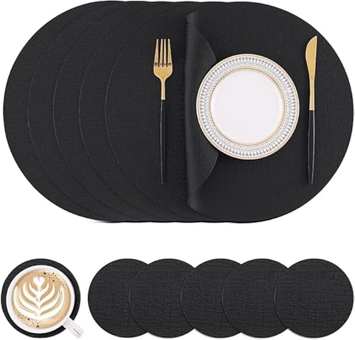 Homaxy Tischsets Abwaschbar, Rund Doppelseitig Abwischbar Wasserdicht rutschfest Platzset, Kunstleder Hitzebeständige Platzdeckchen mit Untersetzer (6er Set, Schwarz)